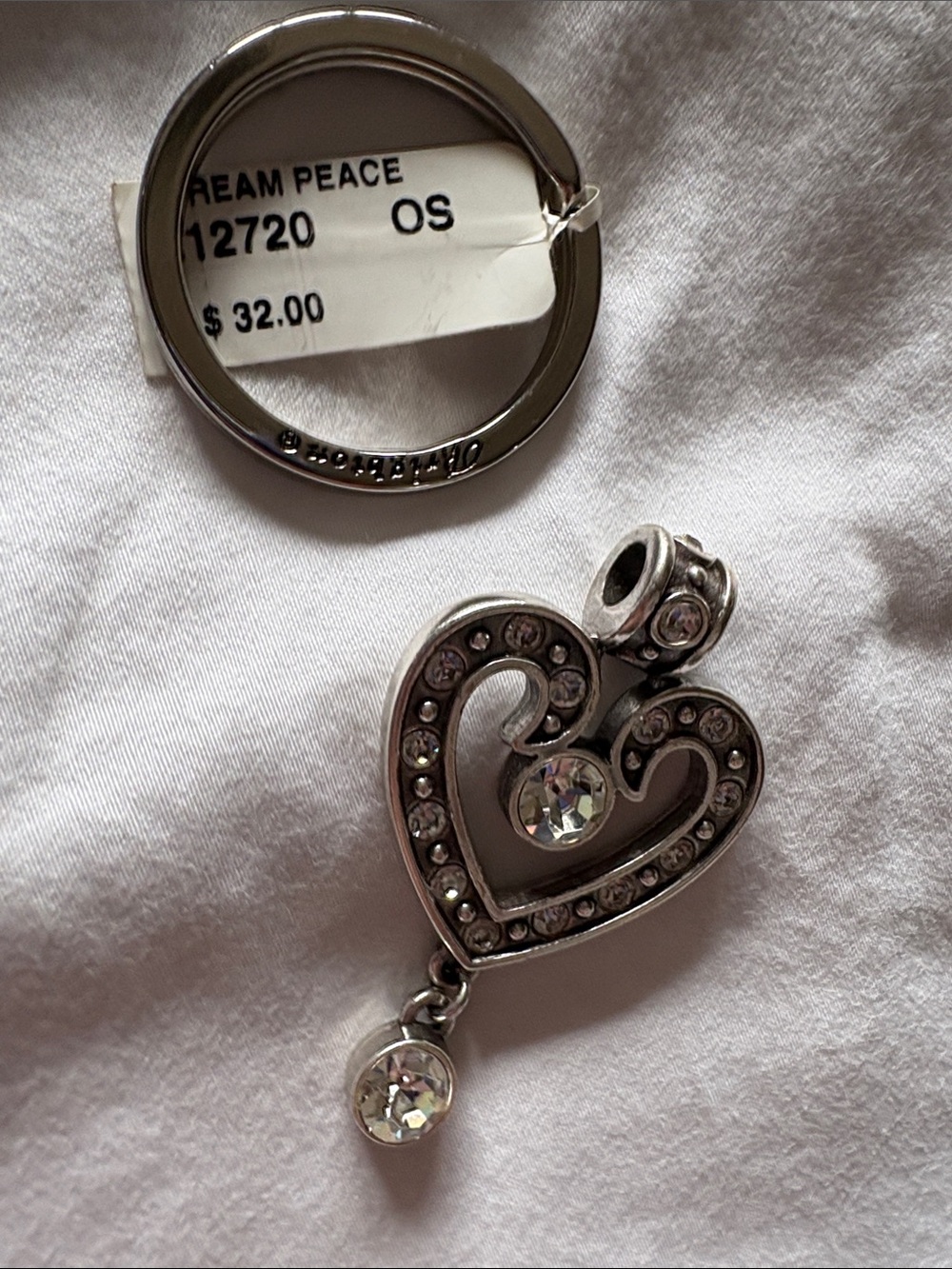 Brighton Sliver Plate Heart Charm Pendant or Key Fob with Clear Crystals